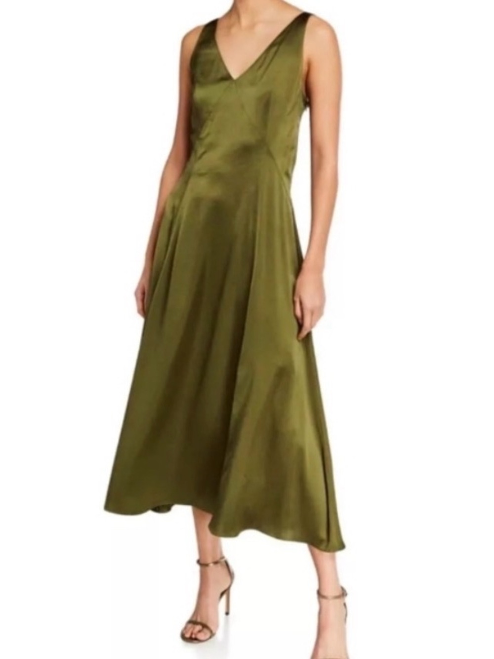 Elie Tahari Olive Green Satin V‑Neck Maxi Dress